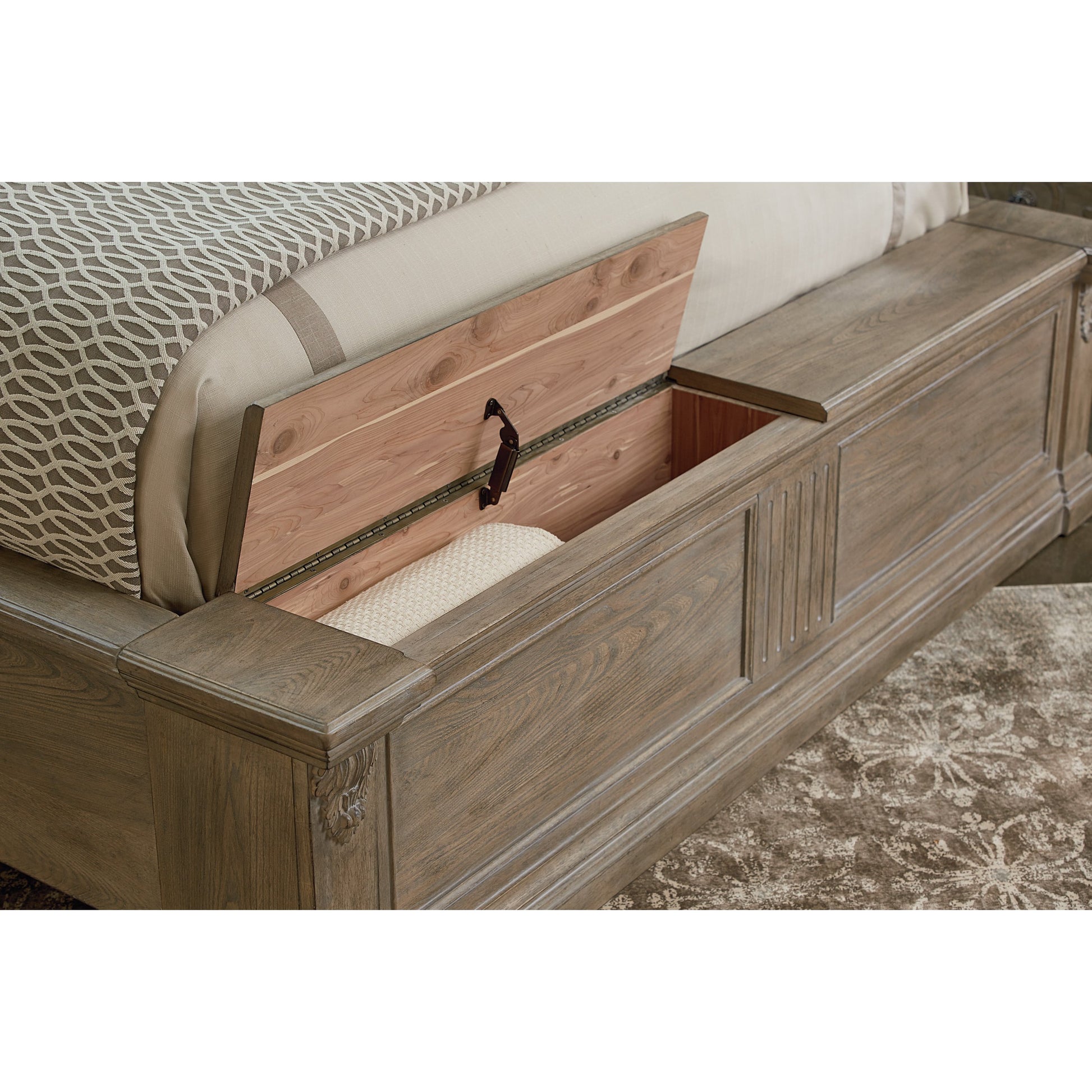 Arch Salvage Chambers Panel Bed by A.R.T. Furniture in brown and parch. Made from parrawood solids, cathedral elm veneers in a cottage & farmhouse style.