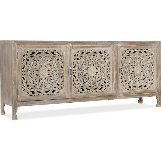 Entertainment Console by Hooker Furniture in distressed cream. Made from mango solids in a cottage & farmhouse style.