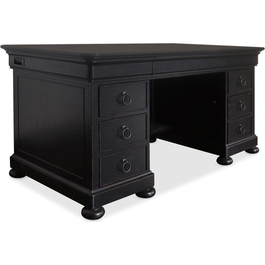 Bristowe Junior Executive Desk by Hooker Furniture in tuxedo black. Made from pecan veneers in a traditional style.