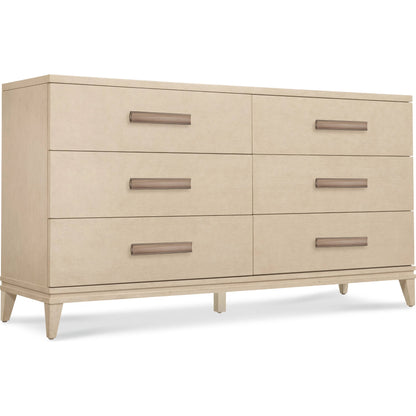 Westwood Six-Drawer Dresser by Hooker Furniture in light wood and polished limestone. Made from oak veneers in a transitional style.