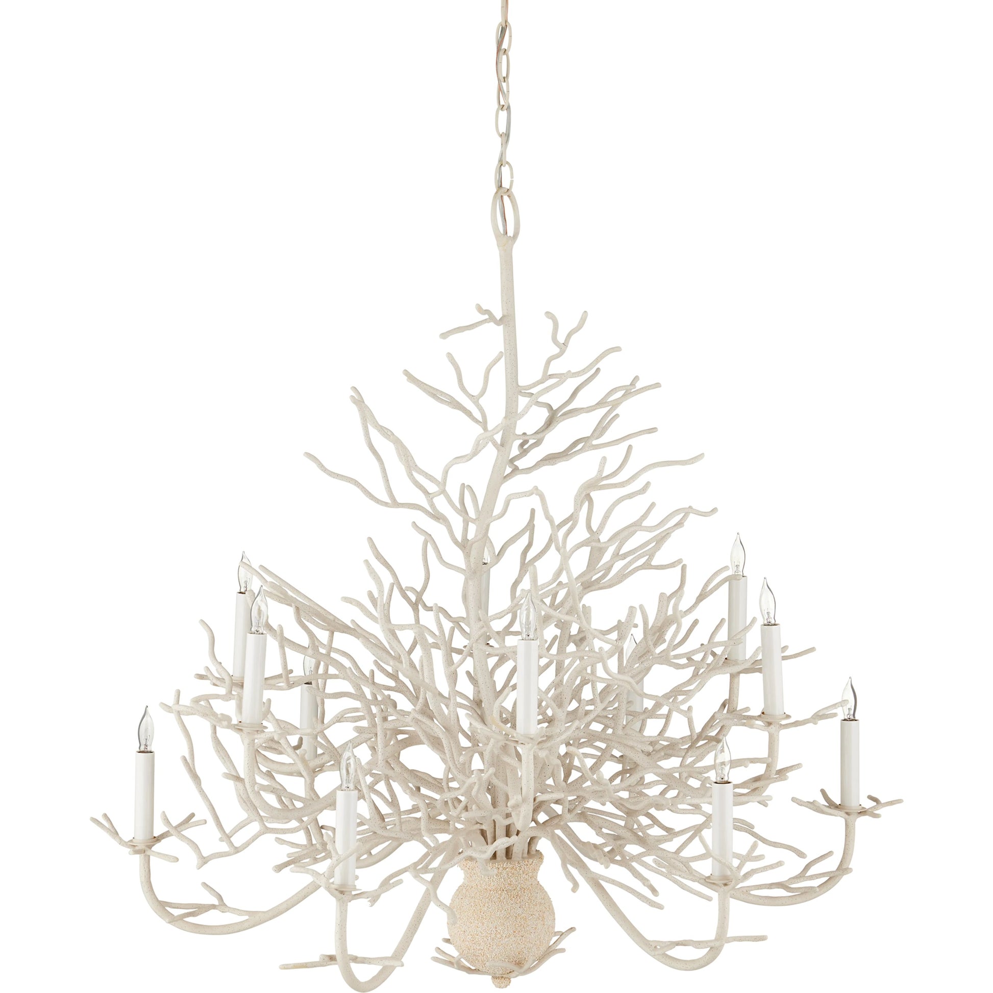 Seaward Chandelier by Currey and Company in white coral, natural sand. Made from wrought iron in a coastal style.