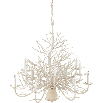 Seaward Chandelier by Currey and Company in white coral, natural sand. Made from wrought iron in a coastal style.