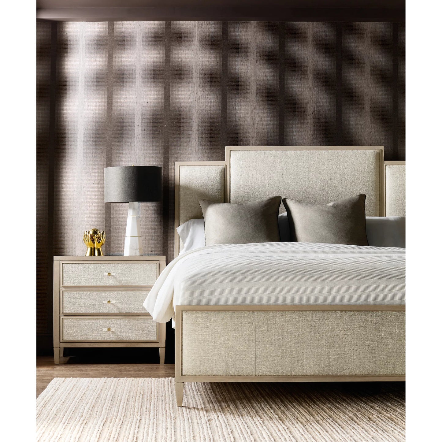 005 SI-2458431 | Lifestyle | Melange Be My Guest Nightstand by Hooker Furniture in beige and polished limestone, oak veneers. Made from oak veneers, fabric, 100% polyester in a transitional style.