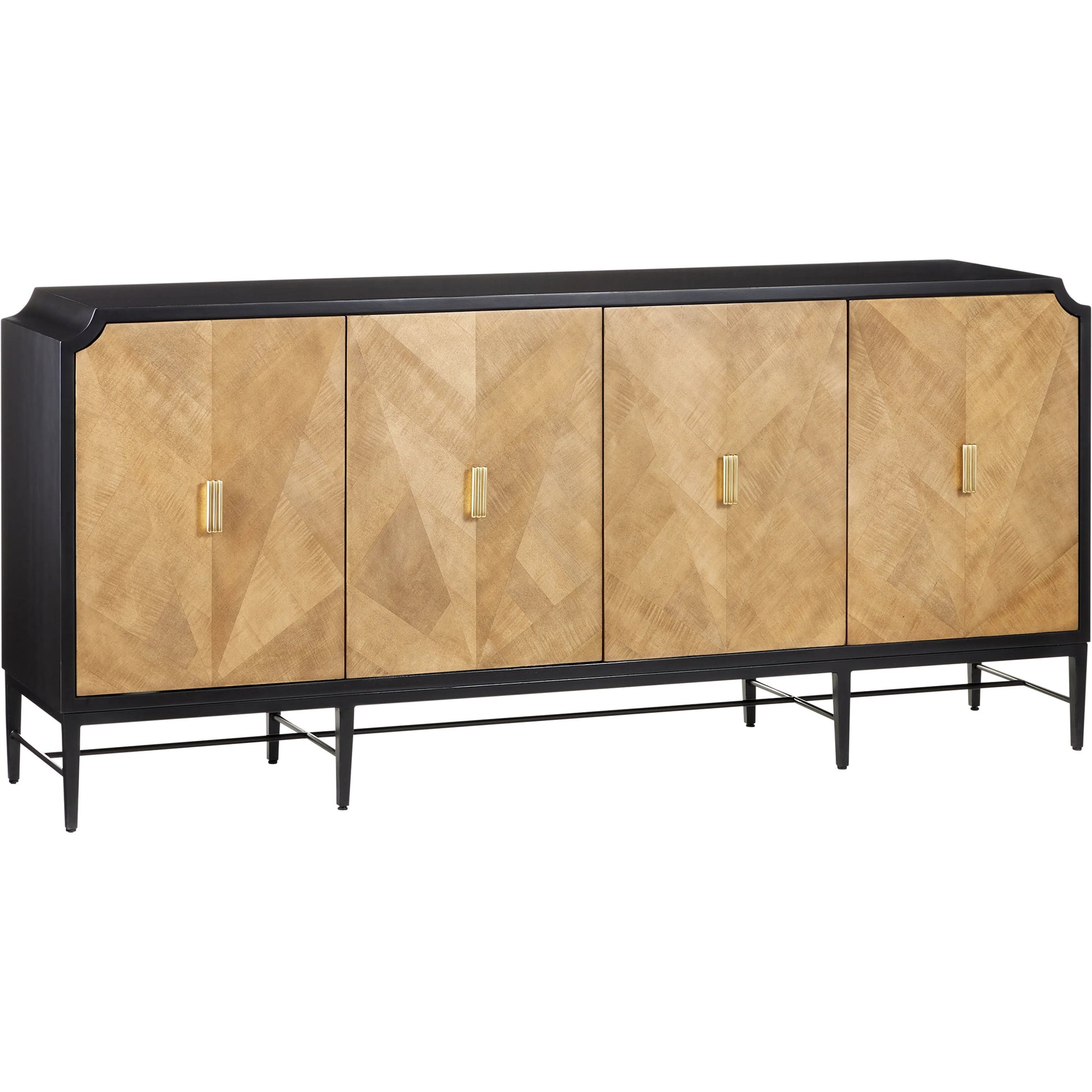 Kallista Credenza by Currey and Company in taupe, caviar black, polished brass, black. Made from sycamore veneer, mahogany, engineered hardwood, brass, iron in a modern style.