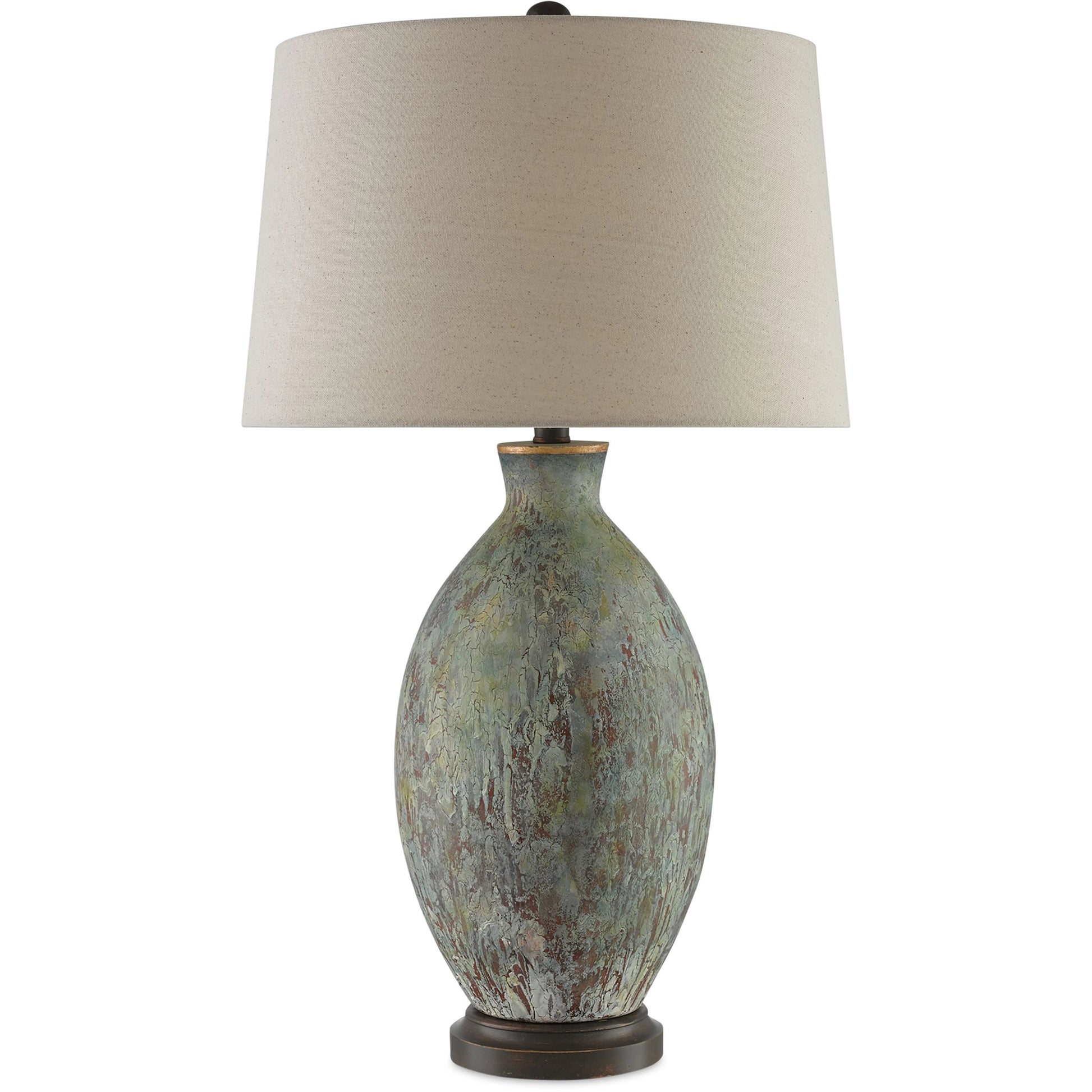 Remi Table Lamp by Currey and Company in green, dark red drip glaze, bronze gold. Made from terracotta, wood in a traditional style.