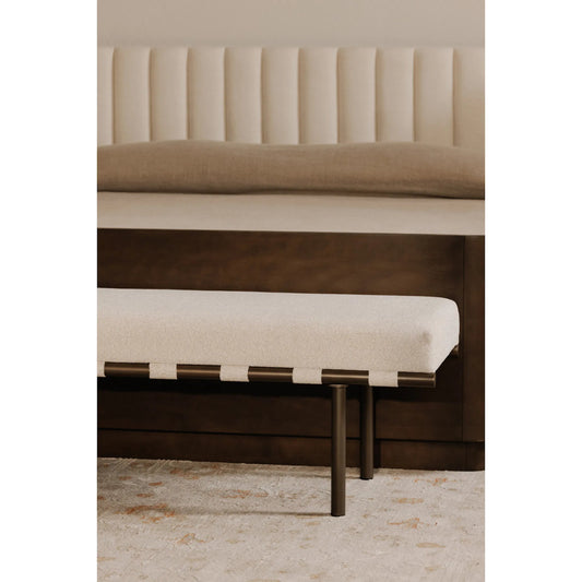 Carson Dining Bench by Moe's Home Collection in beige. Made from upholstery: 100% polyester, metal frame, foam, plywood in a unique style.