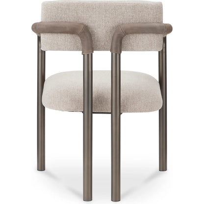 Cassidy Dining Chair by Moe's Home Collection in brown. Made from seat 100% polyester, arm 100% top grain leather, iron frame, foam, plywood in a transitional style.