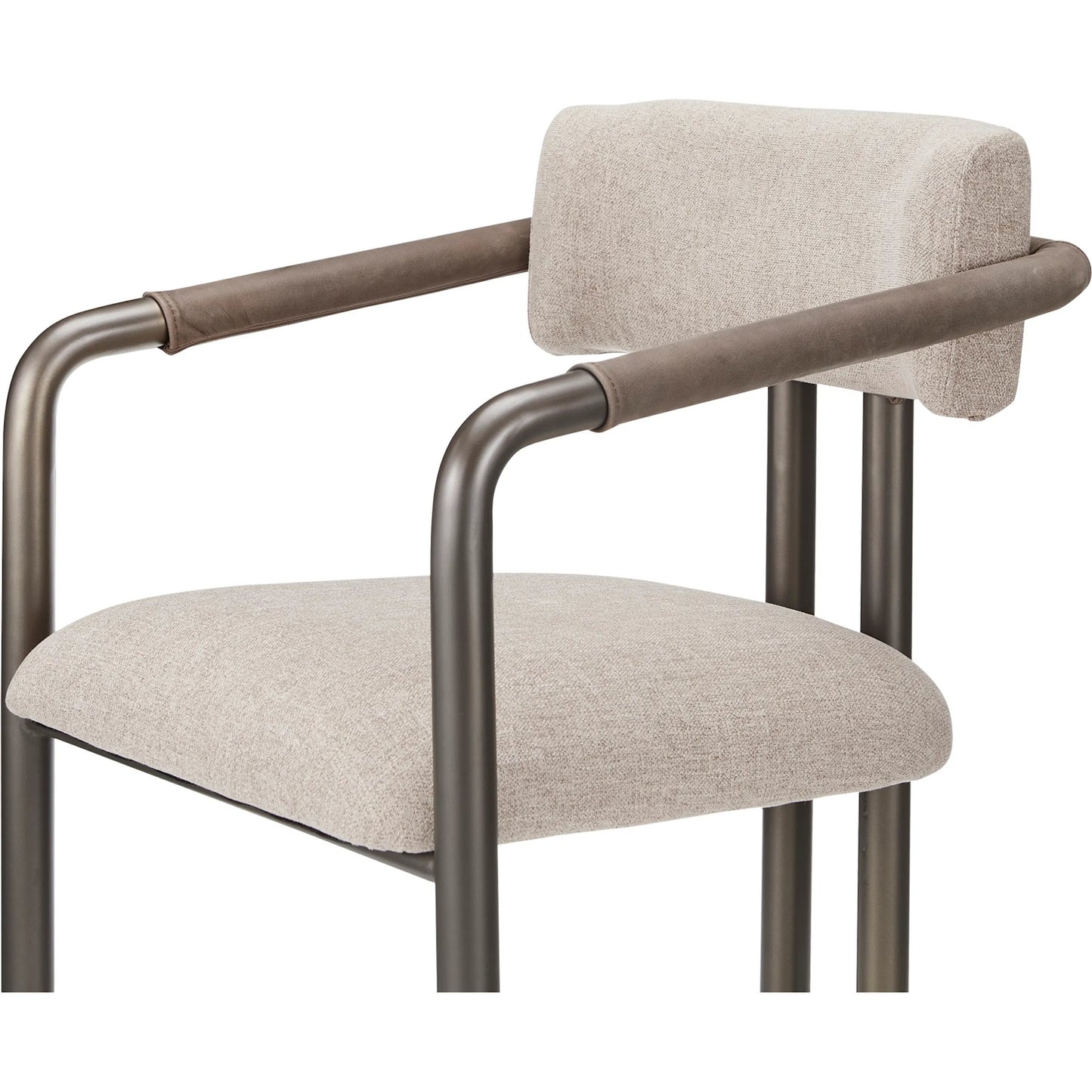 005 SI-2441339 | Closeup | Cassidy Dining Chair by Moe's Home Collection in brown. Made from seat 100% polyester, arm 100% top grain leather, iron frame, foam, plywood in a transitional style.
