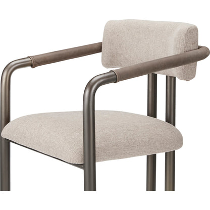 Cassidy Dining Chair by Moe's Home Collection in brown. Made from seat 100% polyester, arm 100% top grain leather, iron frame, foam, plywood in a transitional style.