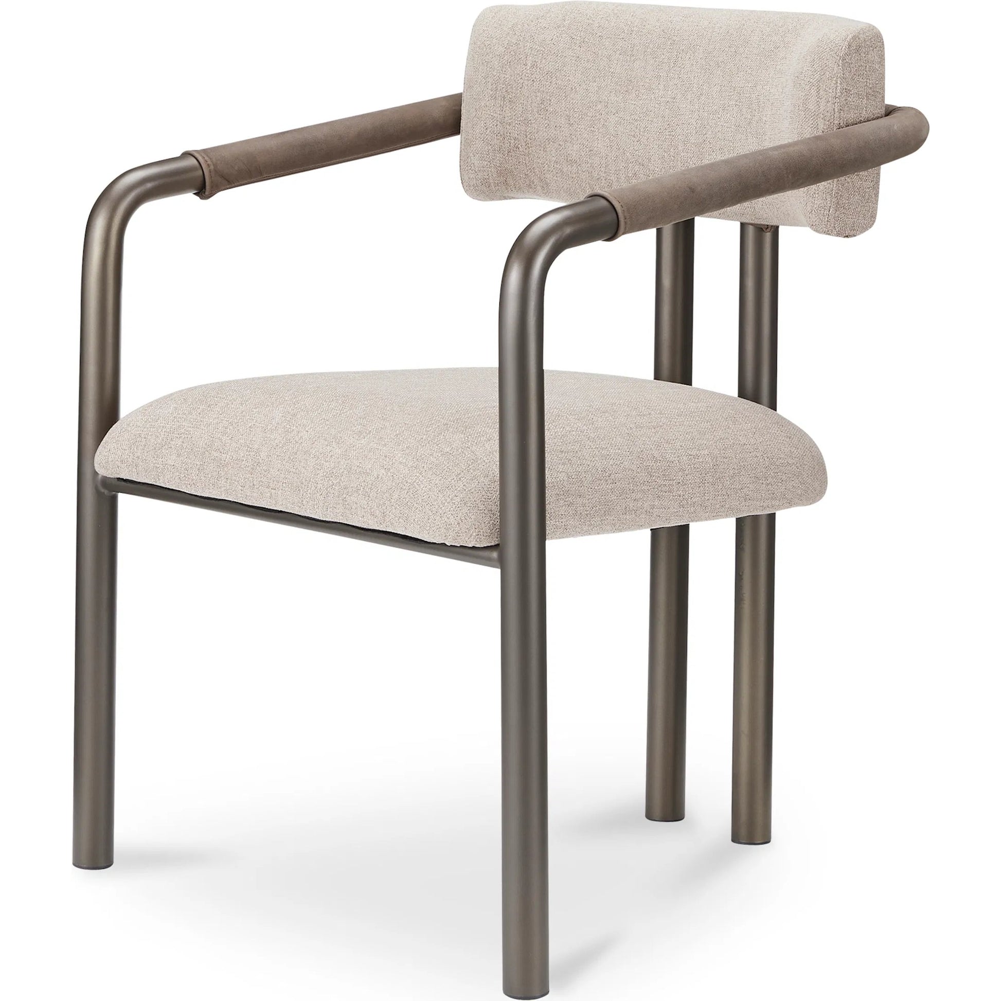 Cassidy Dining Chair by Moe's Home Collection in brown. Made from seat 100% polyester, arm 100% top grain leather, iron frame, foam, plywood in a transitional style.