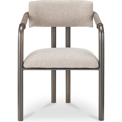 Cassidy Dining Chair by Moe's Home Collection in brown. Made from seat 100% polyester, arm 100% top grain leather, iron frame, foam, plywood in a transitional style.