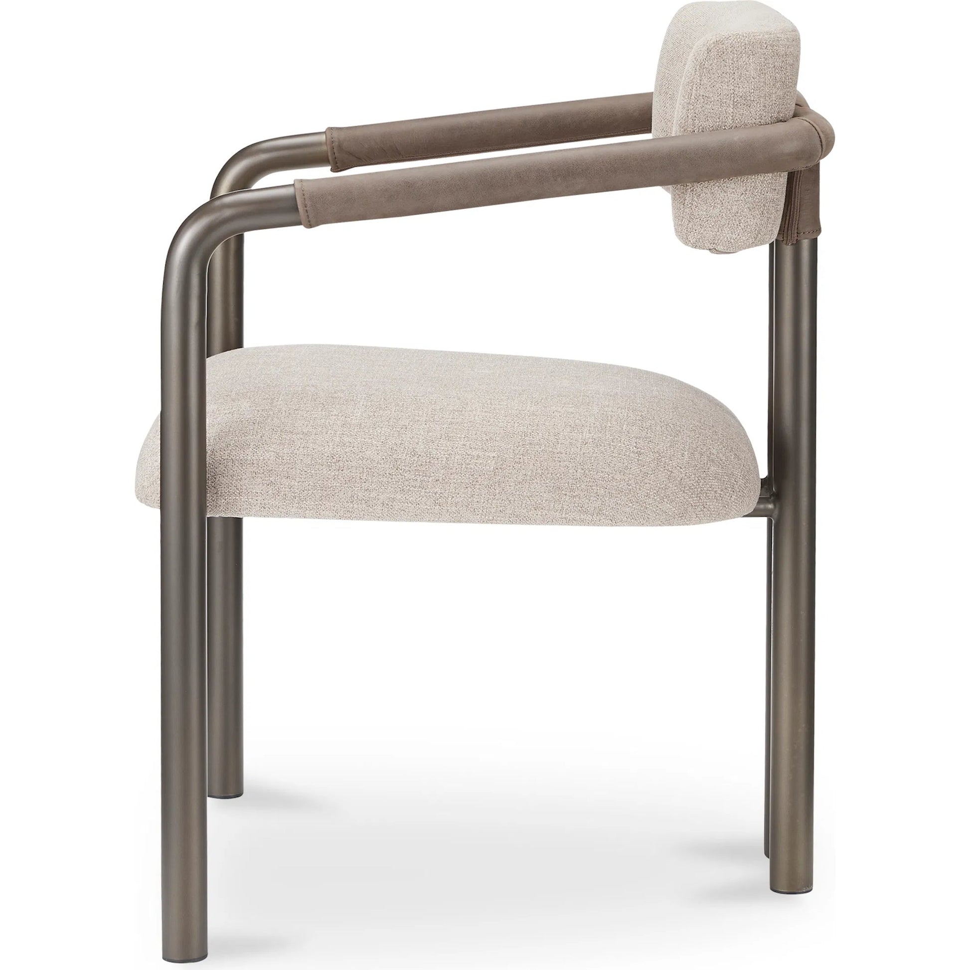 Cassidy Dining Chair by Moe's Home Collection in brown. Made from seat 100% polyester, arm 100% top grain leather, iron frame, foam, plywood in a transitional style.