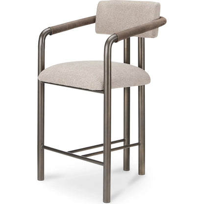 Cassidy Counter Stool by Moe's Home Collection in brown. Made from seat 100% polyester, arm 100% top grain leather, iron frame, foam, plywood in a transitional style.