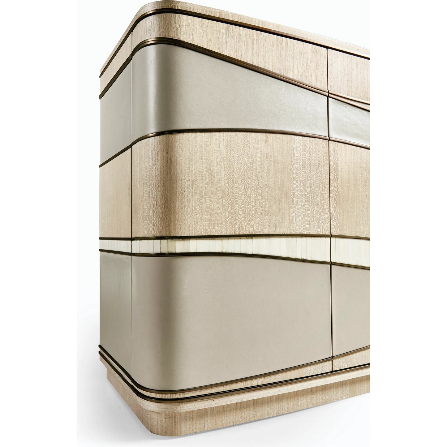 003 SI-2186266 | Closeup | Water Breaker Mixed Media Credenza by Jonathan Charles in beige and ash blonde. Made from dyed koto veneer, bone, leather, metal in a transitional style.