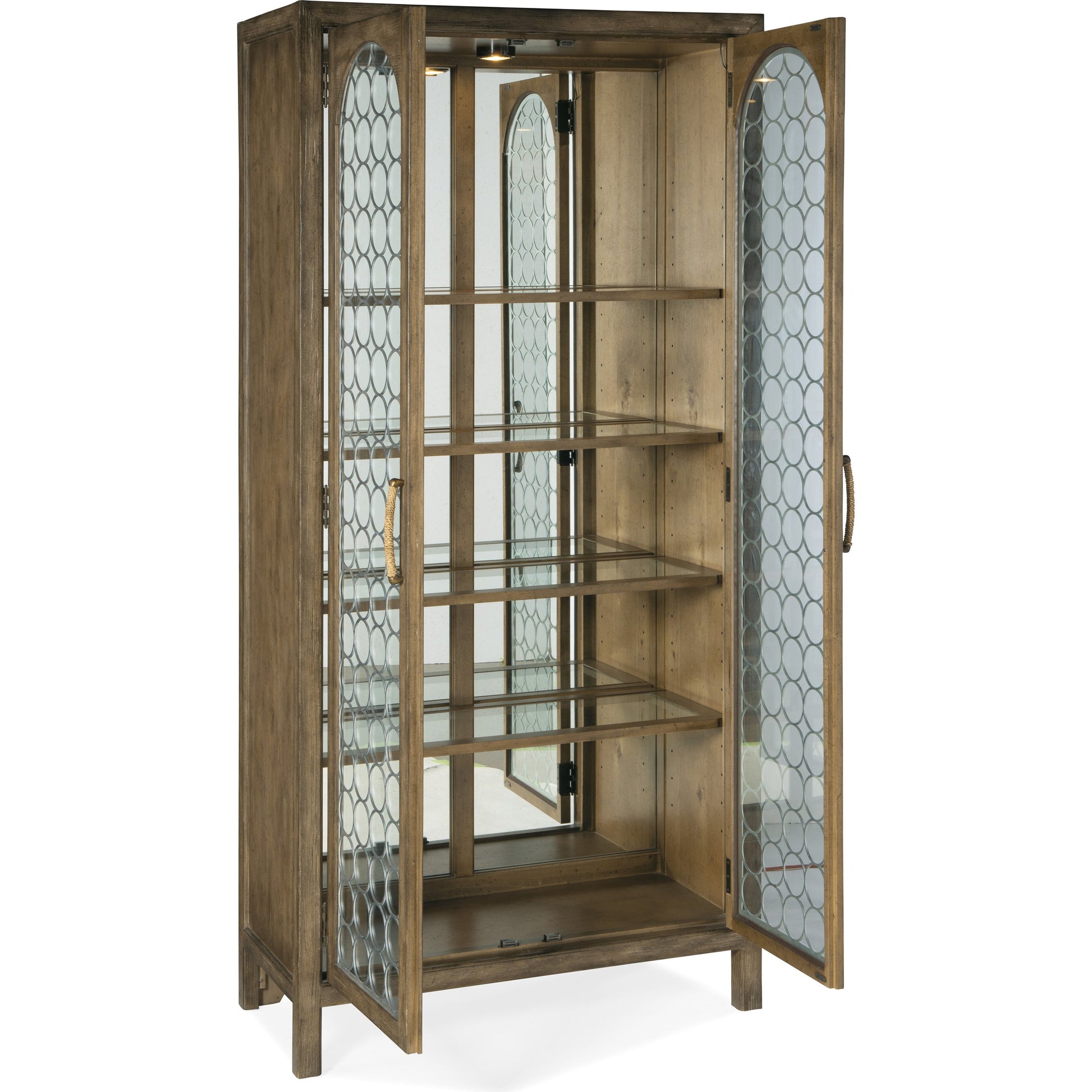 Sundance Display Cabinet by Hooker Furniture in cliffside. Made from pecan veneers, puck light, metal, tempered glass, rope in a traditional style.