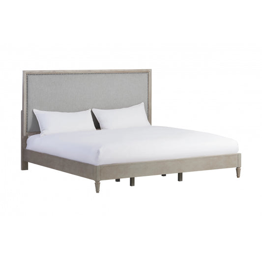 Zest Upholstered Bed with Nailhead Trim by Zest in greige. Made from rubberwood, oak veneer, fabric in a modern style.