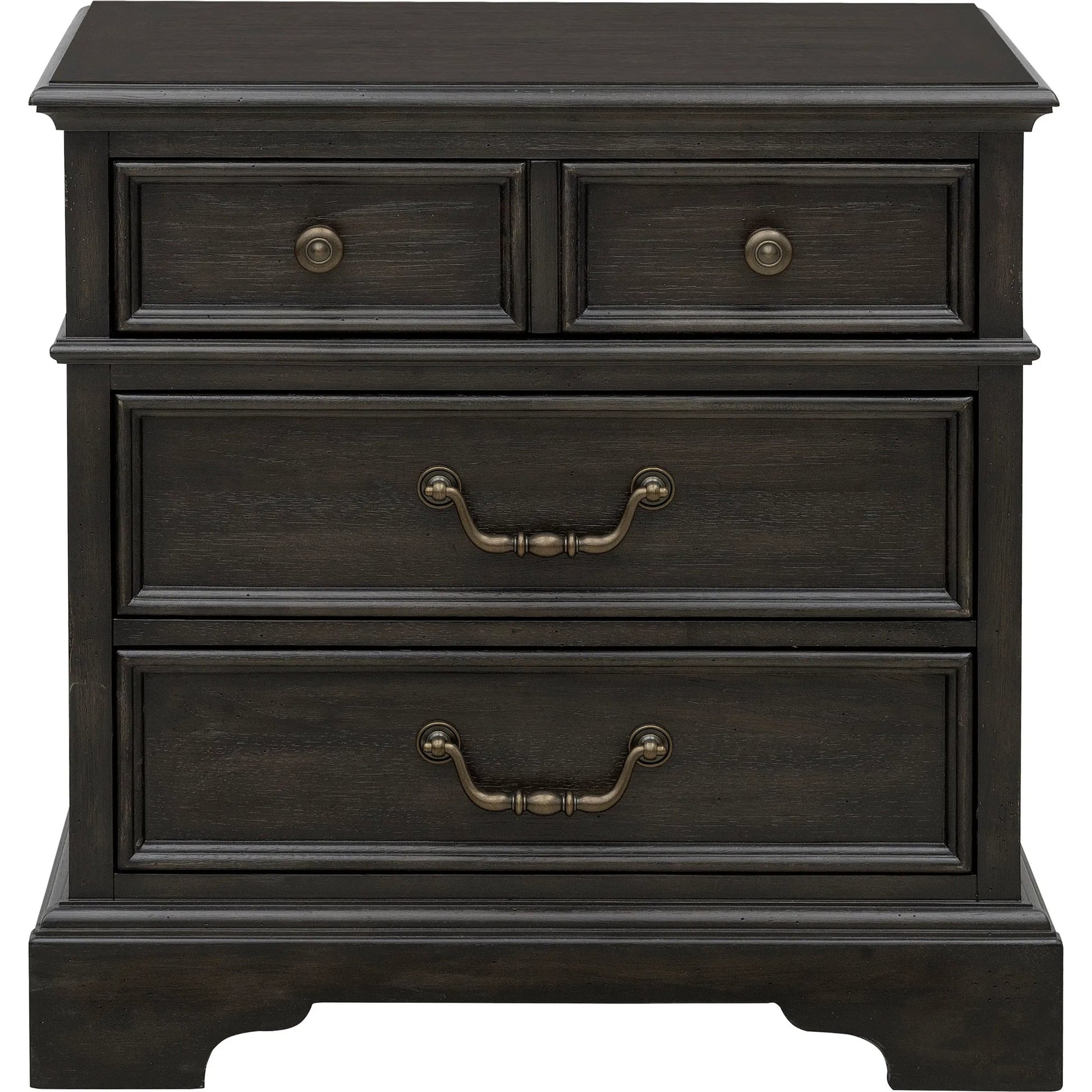 Hickory Creek 3 Drawer Nightstand by Pulaski Furniture in brown velvet. Made from split heart cathedral hickory veneers in a unique style.