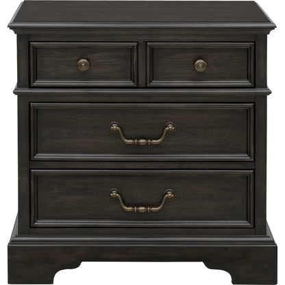 Hickory Creek 3 Drawer Nightstand by Pulaski Furniture in brown velvet. Made from split heart cathedral hickory veneers in a unique style.