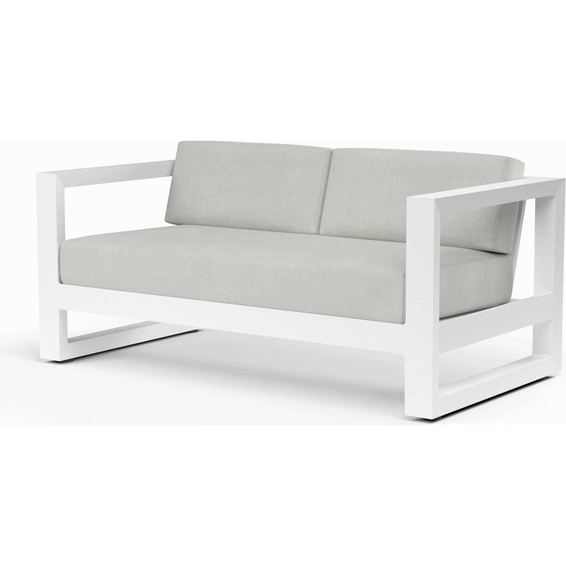 Newport Outdoor Loveseat by Sunset West in frost. Made from aluminum in a modern style.