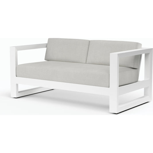 Newport Outdoor Loveseat by Sunset West in frost. Made from aluminum in a modern style.