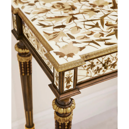 Trianon Console Table by Jonathan Charles in oak leaf parquetry. Made from mahogany solids, various marquetry veneers, resin, brass in a traditional style.