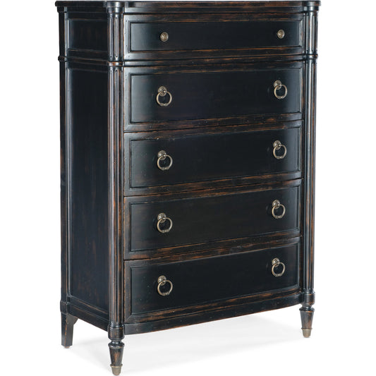 Charleston Five-Drawer Chest by Hooker Furniture. Made from cherry veneers, cedar, metal, solid-wood edge top in a transitional style.