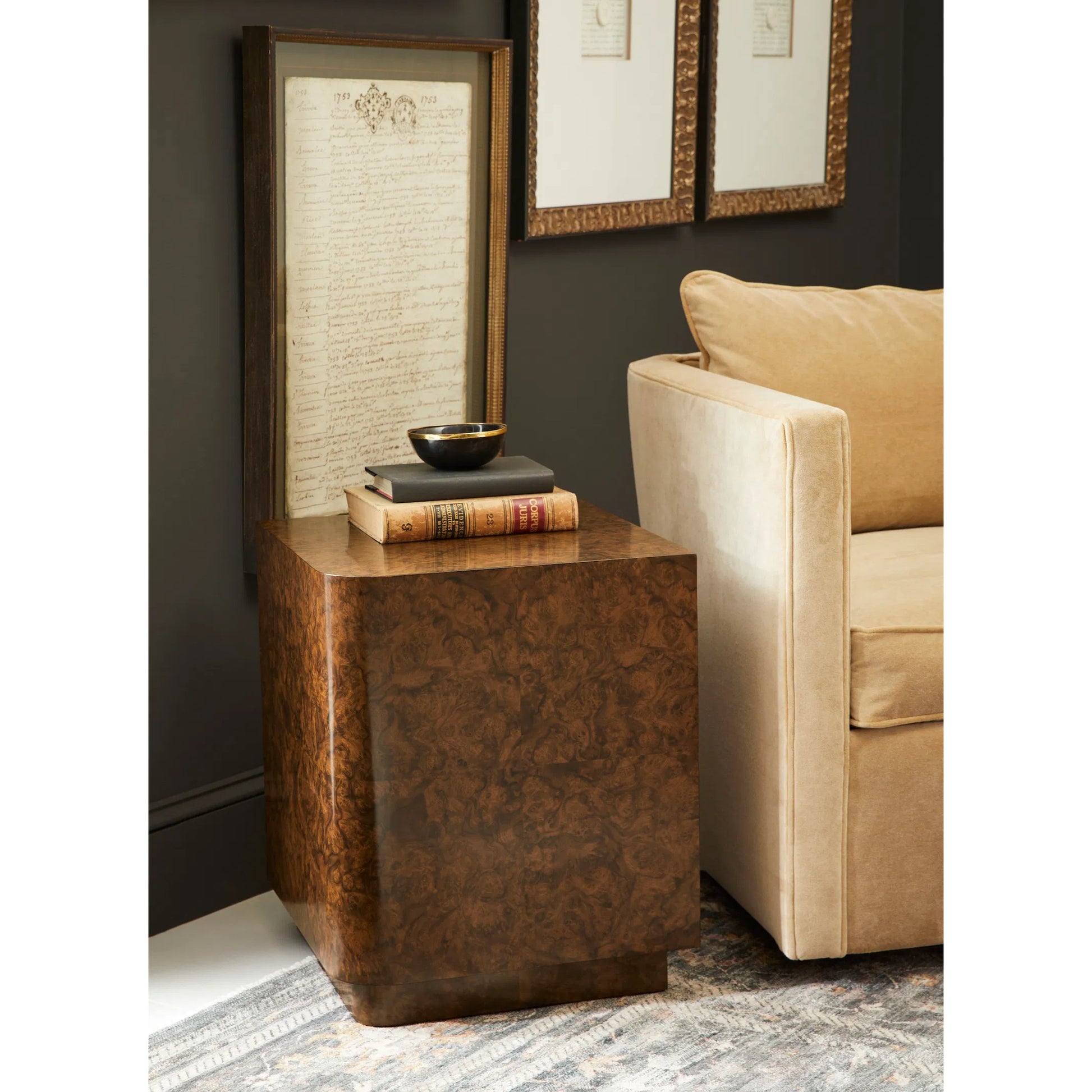 Jacques Radius End Table by Jonathan Charles in brown and walnut burl. Made from book match walnut burl veneer in a unique style.