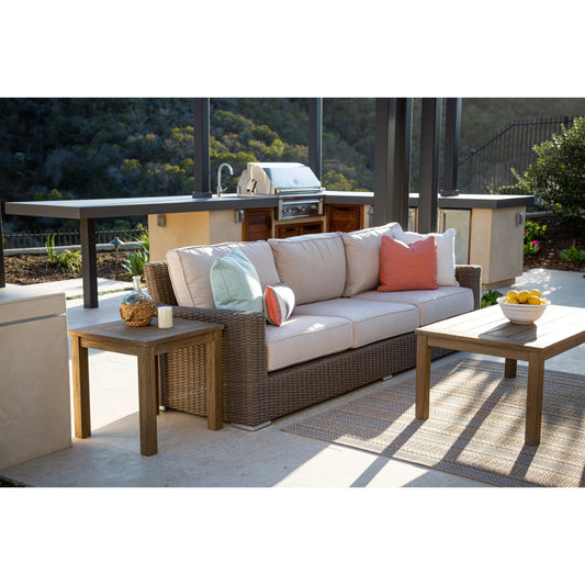 Coronado Outdoor Sofa in Canvas Flax by Sunset West in driftwood. Made from resin wicker in a modern style.