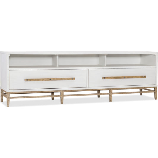 Urban Elevation Low Entertainment Console by Hooker Furniture in white, light maple. Made from maple, white oak veneers, aluminum sheet in a modern style.