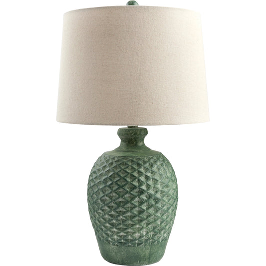 Yosemite Table Lamp by Surya in wheat, green, dark green, translucent, metallic nickel, beige and hand painted. Made from body: cement, shade (outside): linen, shade (inside): metal, finial: resin in a modern style.