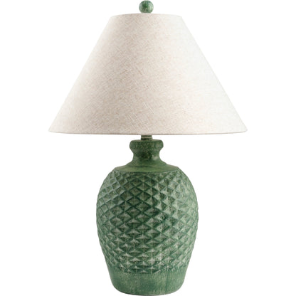 Yosemite Indoor/Outdoor Table Lamp Linen Lamp Shade by Surya in wheat, green, dark green, translucent, metallic nickel, beige and hand painted. Made from body: cement, shade (outside): linen, shade (inside): metal, finial: r