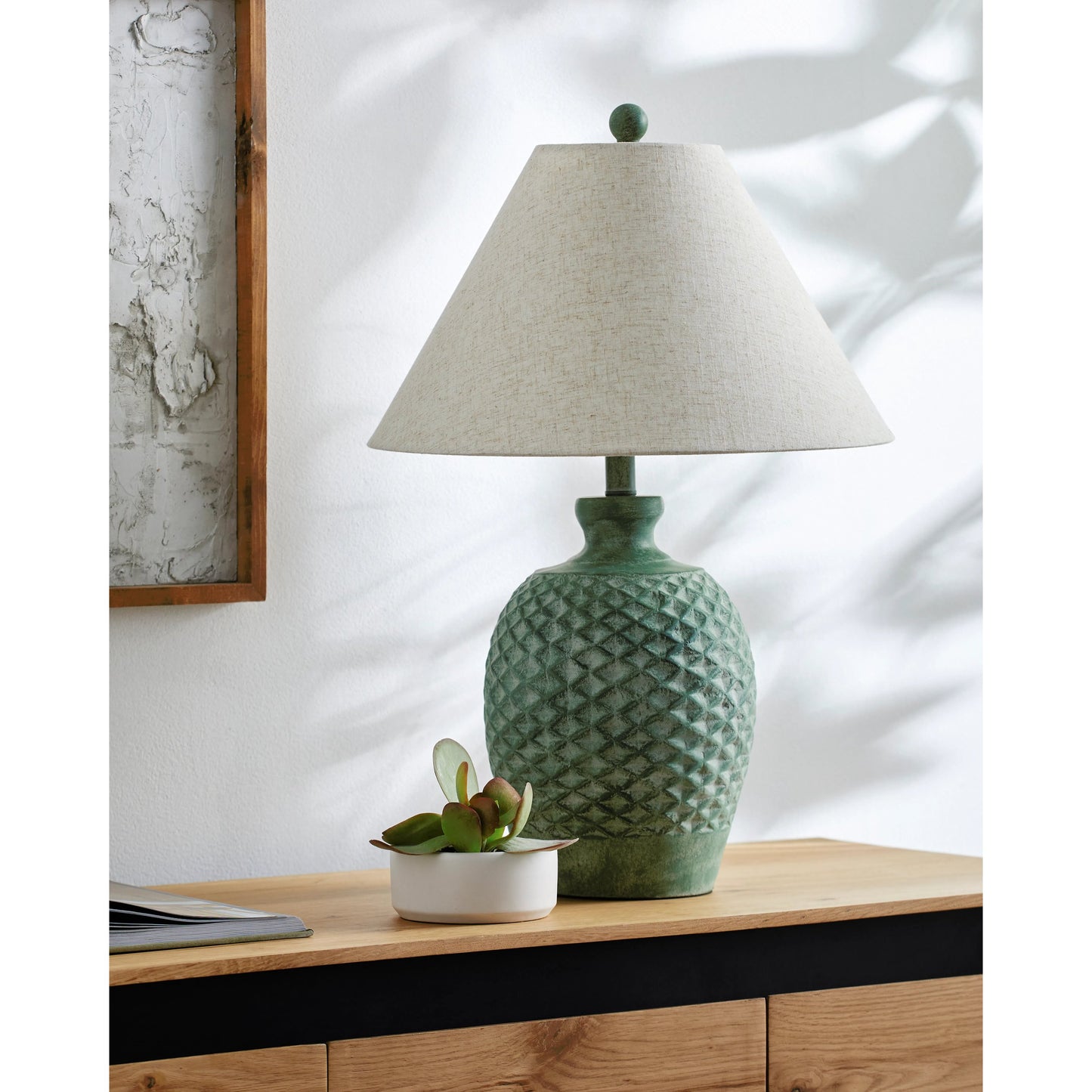 004 SI-2053941 | Lifestyle | Yosemite Indoor/Outdoor Table Lamp Linen Lamp Shade by Surya in wheat, green, dark green, translucent, metallic nickel, beige and hand painted. Made from body: cement, shade (outside): linen, shade (inside): metal, finial: resi