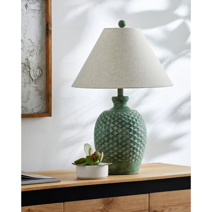 Yosemite Indoor/Outdoor Table Lamp Linen Lamp Shade by Surya in wheat, green, dark green, translucent, metallic nickel, beige and hand painted. Made from body: cement, shade (outside): linen, shade (inside): metal, finial: resi