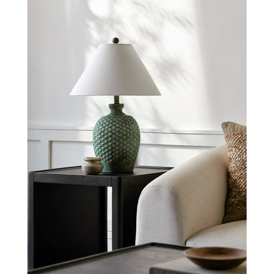 Yosemite Table Lamp Linen Lamp Shade by Surya in hand painted. Made from body: cement, shade (outside): linen, shade (inside): metal, finial: resin in a modern style.