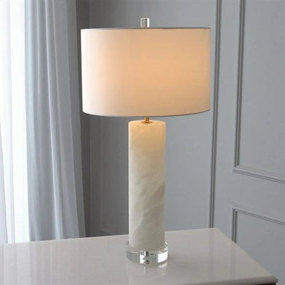 Alabaster Cylinder Table Lamp by Global Views in brass. Made from crystal, metal, alabaster in a coastal style.