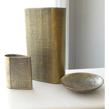 Linen Large Round Tray by Global Views in sand and brass. Made from unique in a modern style.