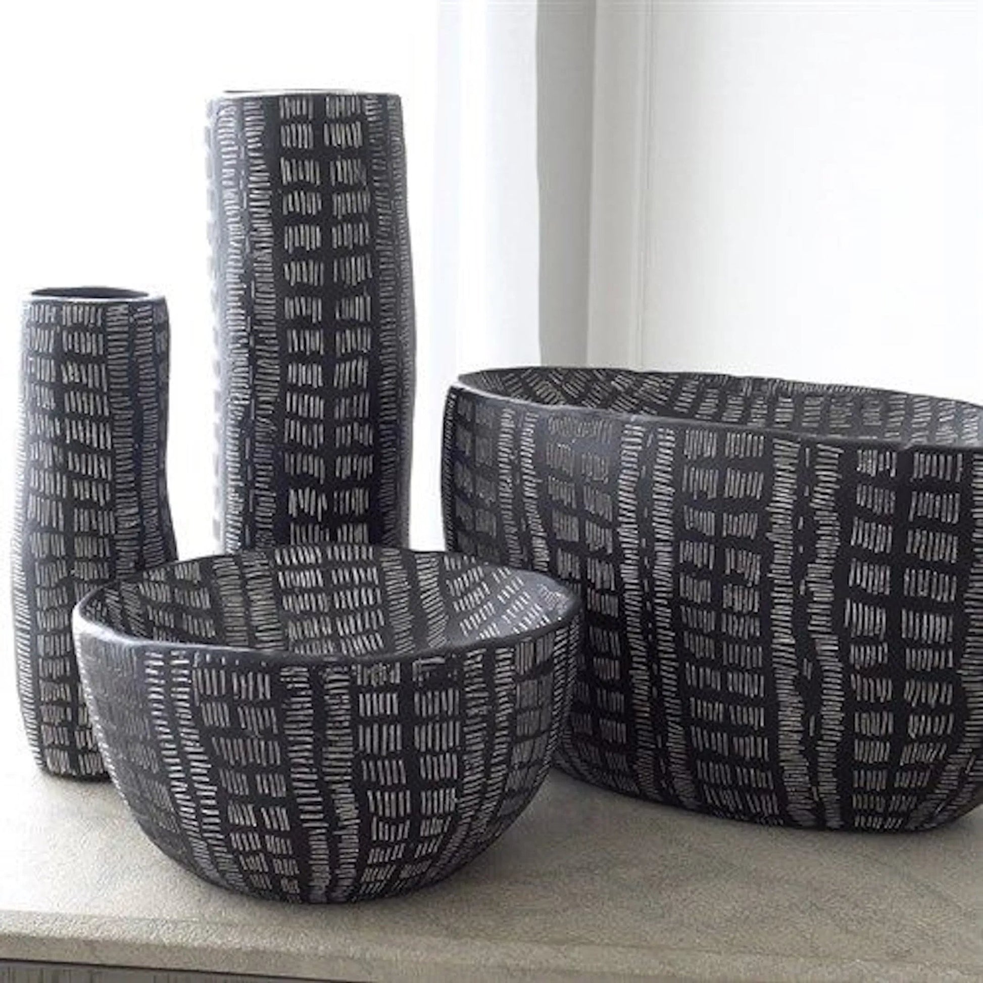 Frequency Oval Bowl by Global Views in black and white. Made from unique in a rustic style.