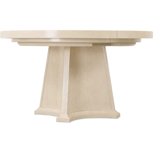 Westwood Round Dining Table with One 20-inch Leaf by Hooker Furniture in light wood and polished limestone. Made from oak veneers in a unique style.