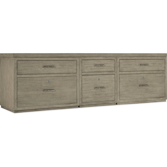 Linville Falls Credenza with Small File and 2 Lateral Files by Hooker Furniture in mink, antique pewter. Made from oak veneers in a modern style.