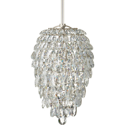 Aisling Pendant by Currey and Company in polished nickel. Made from optical crystal, metal in a transitional style.