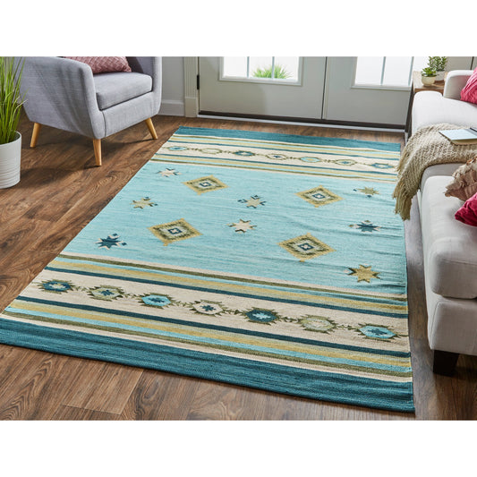 Dharma Transitional Southwestern Rug - I0762 by Feizy in blue, green, tan. Made from cotton, polyester in a unique style.