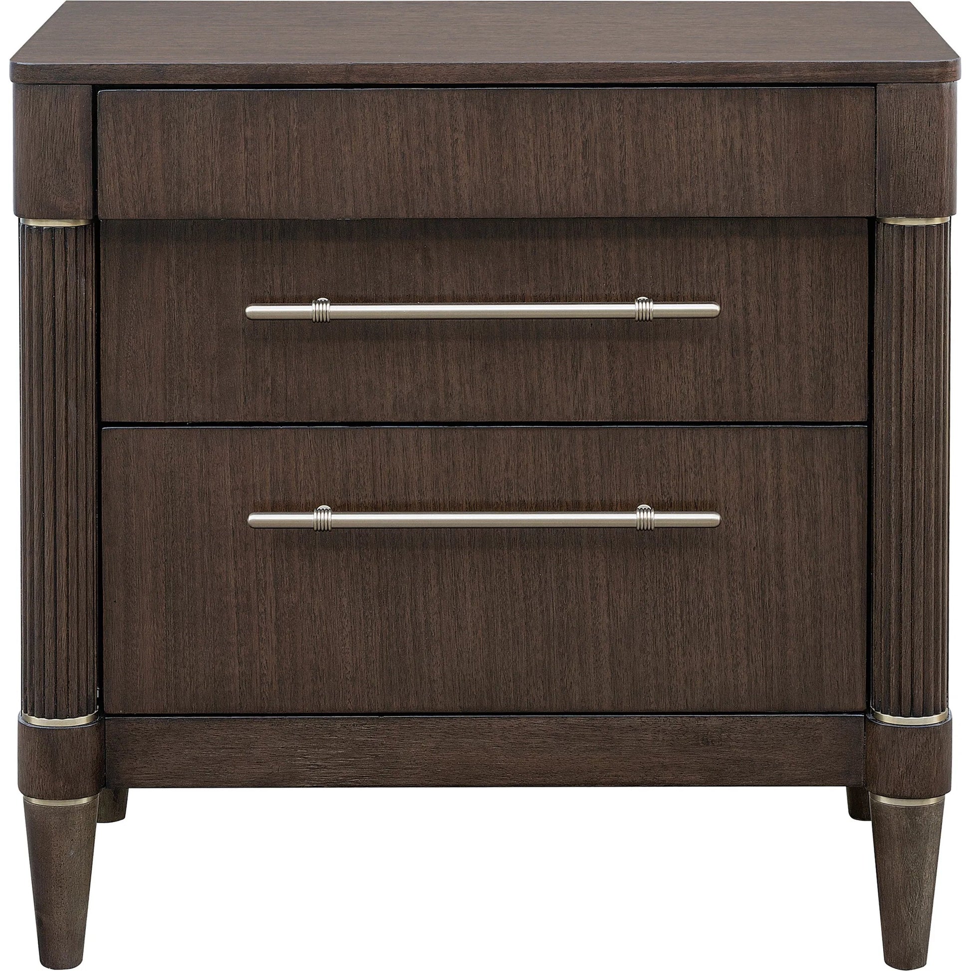 Asher Park 3 Drawer Nightstand by Pulaski Furniture in piano brown. Made from eucalyptus veneers in a unique style.