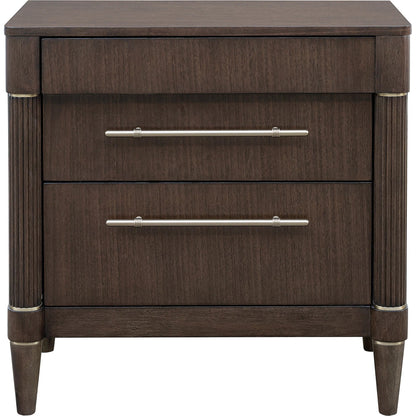 Asher Park 3 Drawer Nightstand by Pulaski Furniture in piano brown. Made from eucalyptus veneers in a unique style.