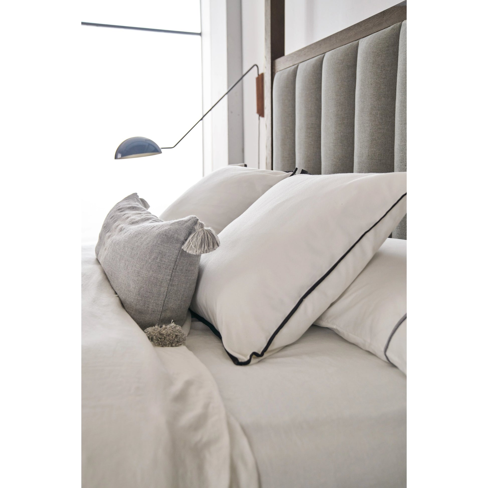 Jackson Poster Bed by Hooker Furniture in grey and smoky arabica, cleary cement. Made from white oak, pine knotty oak veneers with fabric in a traditional style.