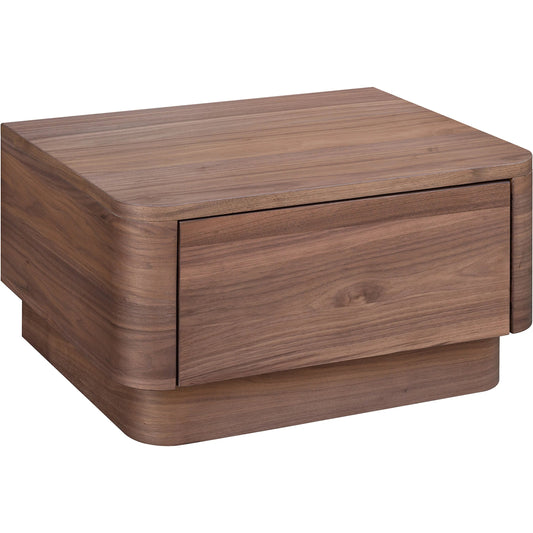 Round Off Small Nightstand by Moe's Home Collection in natural walnut. Made from walnut veneer, mdf, rubbwrwood base in a unique style.