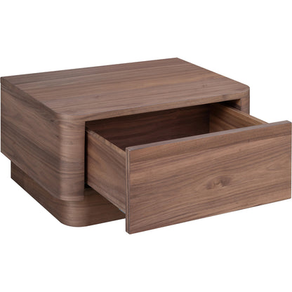 Round Off Small Nightstand by Moe's Home Collection in natural walnut. Made from walnut veneer, mdf, rubbwrwood base in a transitional style.