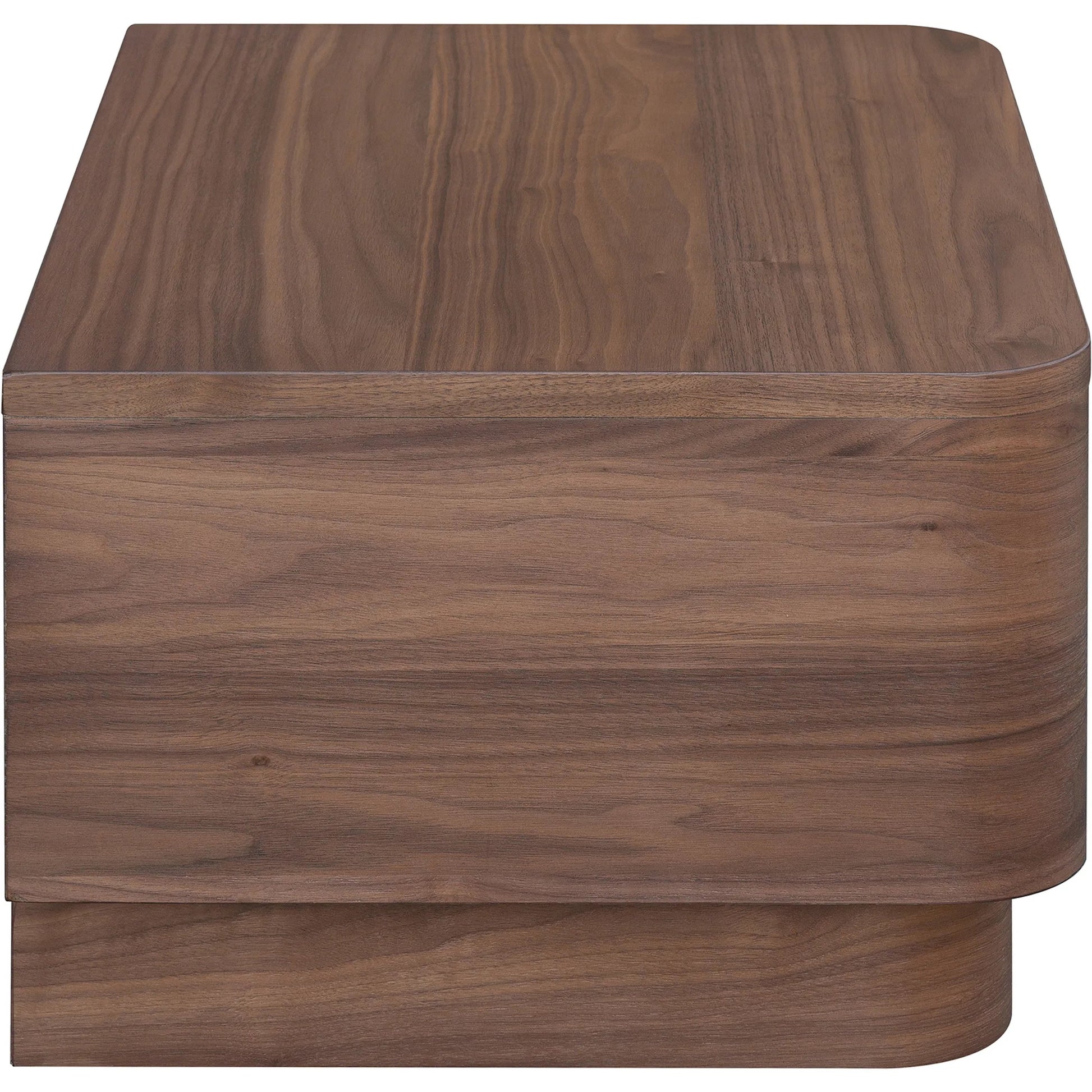 Round Off Small Nightstand by Moe's Home Collection in natural walnut. Made from walnut veneer, mdf, rubbwrwood base in a transitional style.