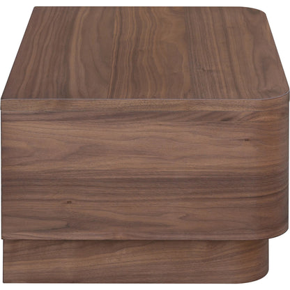 Round Off Small Nightstand by Moe's Home Collection in natural walnut. Made from walnut veneer, mdf, rubbwrwood base in a transitional style.