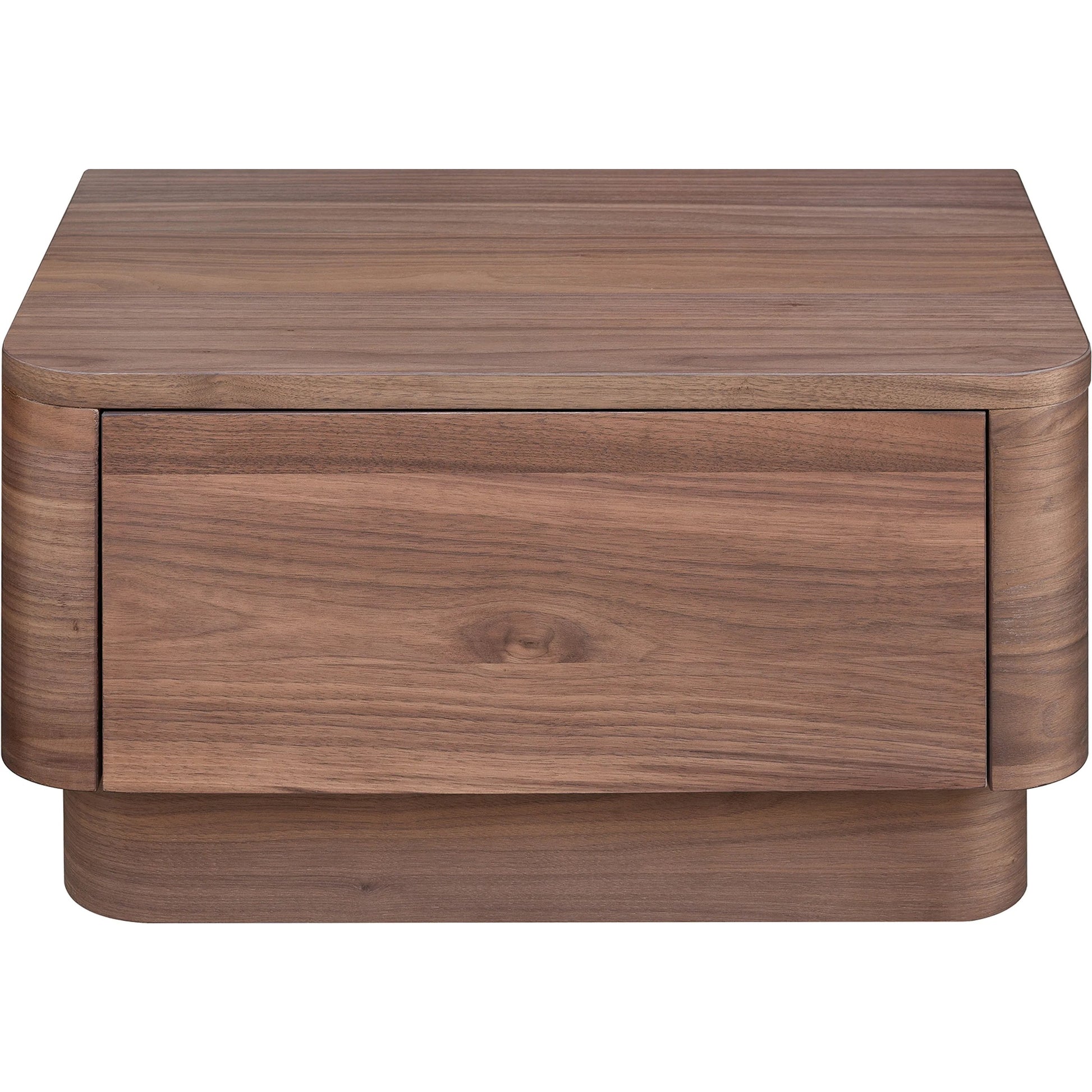 Round Off Small Nightstand by Moe's Home Collection in natural walnut. Made from walnut veneer, mdf, rubbwrwood base in a transitional style.