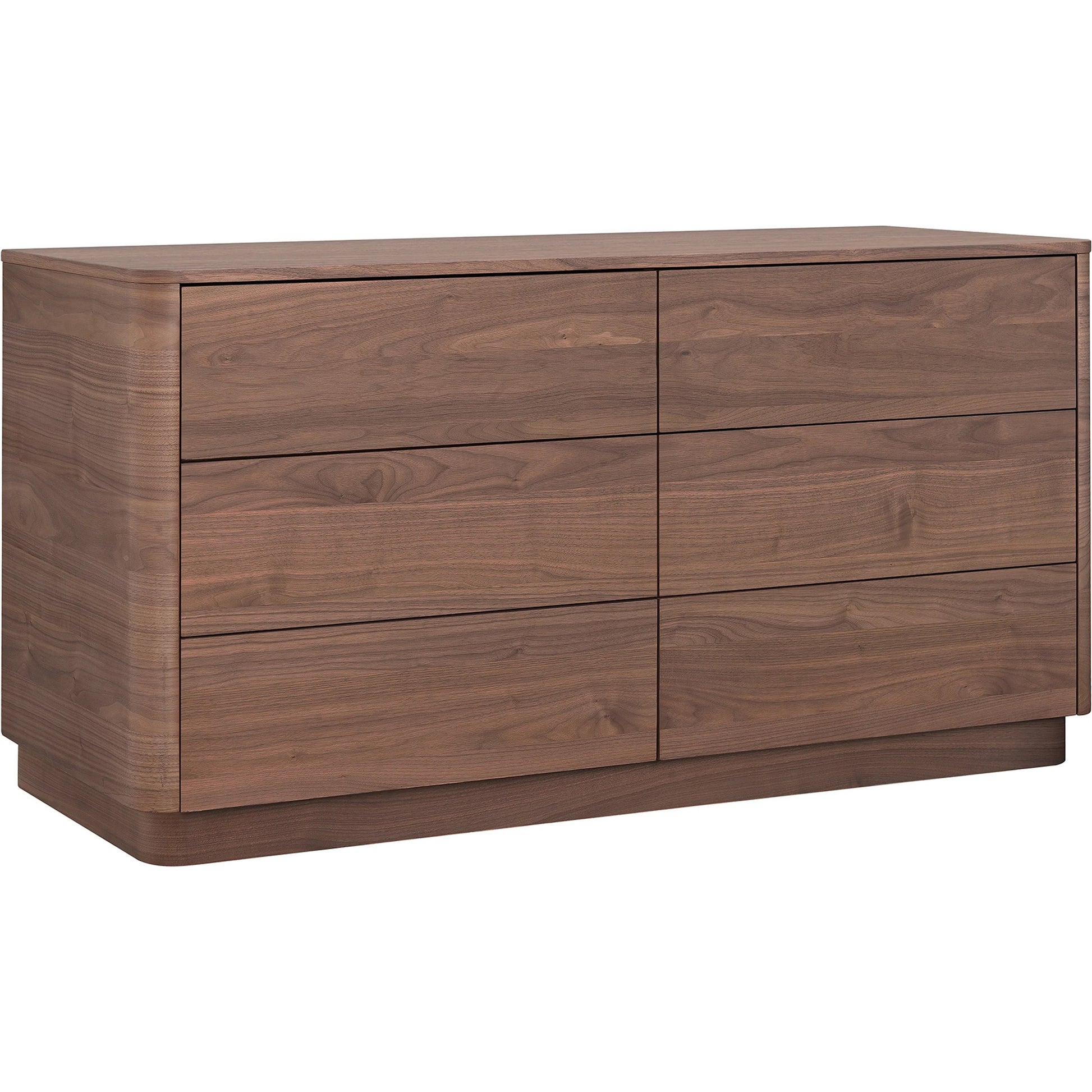 Round Off Dresser by Moe's Home Collection in natural walnut. Made from walnut veneer, mdf, rubberwood base in a transitional style.